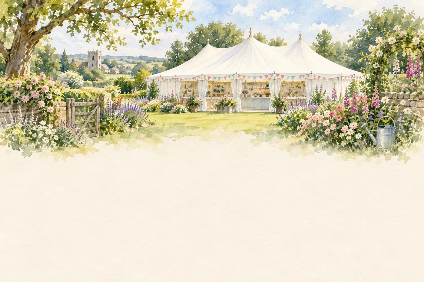 Watercolor of the Bake Off tent in a flower garden